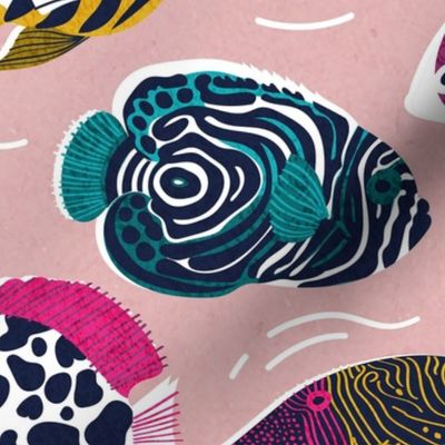 Large jumbo scale // Fin-tastic fishes // pale chestnut pink background fuchsia pink red yellow and teal quirky patterned angelfishes and other fishes 