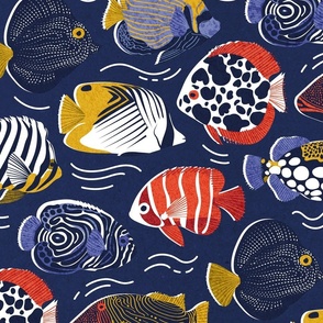 Large jumbo scale // Fin-tastic fishes // oxford navy blue background neon orange red yellow and electric blue quirky patterned angelfishes and other fishes 