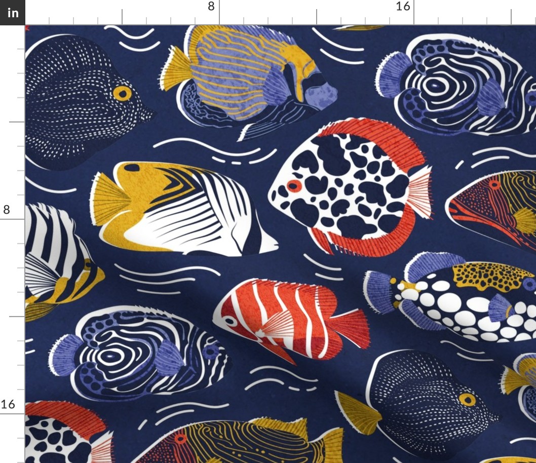 Large jumbo scale // Fin-tastic fishes // oxford navy blue background neon orange red yellow and electric blue quirky patterned angelfishes and other fishes 