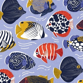 Large jumbo scale // Fin-tastic fishes // echo blue background neon orange red yellow and electric blue quirky patterned angelfishes and other fishes 