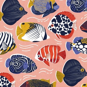 Large jumbo scale // Fin-tastic fishes // vivid tangerine coral background neon orange red yellow and electric blue quirky patterned angelfishes and other fishes 