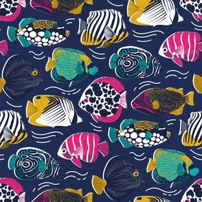 Normal scale // Fin-tastic fishes // oxford navy blue background fuchsia pink red yellow and teal quirky patterned angelfishes and other fishes 