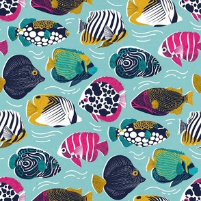 Normal scale // Fin-tastic fishes // mint textured background fuchsia pink red yellow and teal quirky patterned angelfishes and other fishes 