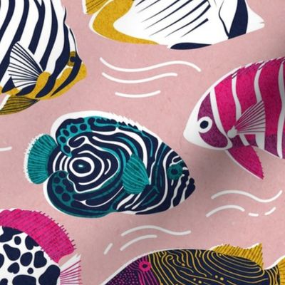 Normal scale // Fin-tastic fishes // pale chestnut pink background fuchsia pink red yellow and teal quirky patterned angelfishes and other fishes 