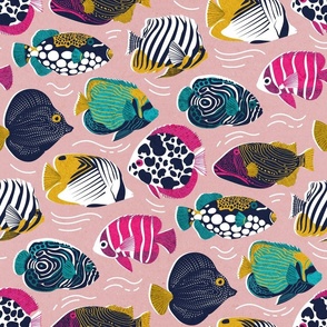 Normal scale // Fin-tastic fishes // pale chestnut pink background fuchsia pink red yellow and teal quirky patterned angelfishes and other fishes 