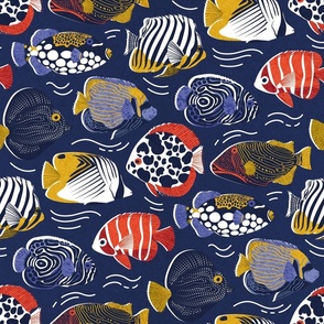 Normal scale // Fin-tastic fishes // oxford navy blue background neon orange red yellow and electric blue quirky patterned angelfishes and other fishes 