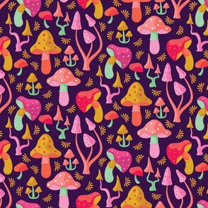 Happy and colorful mushrooms dancing on the forest floor