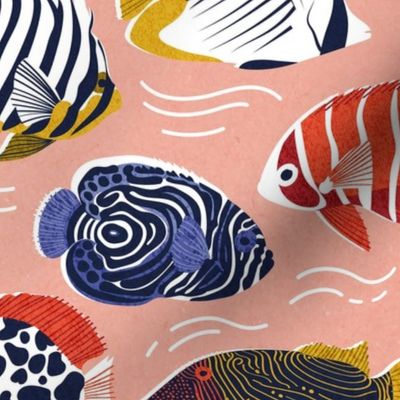 Normal scale // Fin-tastic fishes // vivid tangerine coral background neon orange red yellow and electric blue quirky patterned angelfishes and other fishes 