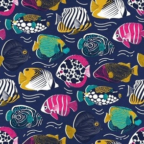 Small scale // Fin-tastic fishes // oxford navy blue background fuchsia pink red yellow and teal quirky patterned angelfishes and other fishes 