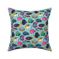 Small scale // Fin-tastic fishes // mint textured background fuchsia pink red yellow and teal quirky patterned angelfishes and other fishes 