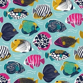 Small scale // Fin-tastic fishes // mint textured background fuchsia pink red yellow and teal quirky patterned angelfishes and other fishes 