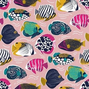 Small scale // Fin-tastic fishes // pale chestnut pink background fuchsia pink red yellow and teal quirky patterned angelfishes and other fishes 