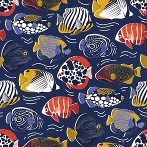 Small scale // Fin-tastic fishes // oxford navy blue background neon orange red yellow and electric blue quirky patterned angelfishes and other fishes 