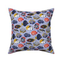 Small scale // Fin-tastic fishes // echo blue background neon orange red yellow and electric blue quirky patterned angelfishes and other fishes 