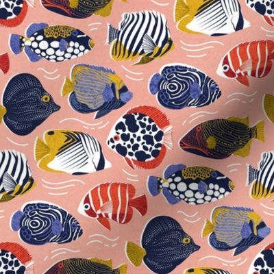 Small scale // Fin-tastic fishes // vivid tangerine coral background neon orange red yellow and electric blue quirky patterned angelfishes and other fishes 