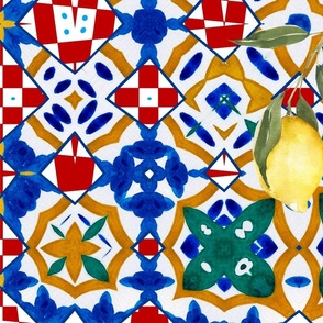 Blue ,red,green tiles,Sicilian majolica,lemon 