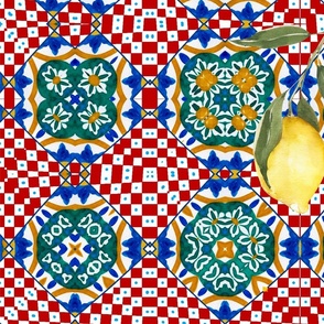 Sicilian style,red,blue,green tiles,lemon art
