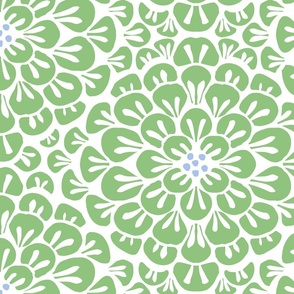 Overlapping dahlia flowers/vibrant green and blue/large