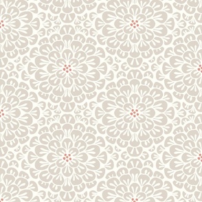 Overlapping dahlia flowers/beige and off white/medium