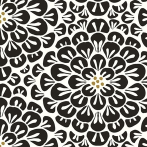 Overlapping dahlia flowers/charcoal and off white/large