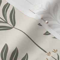 Three Little Blooms And Their Leaves | Creamy White, Limed Ash, Lion Gold | Floral