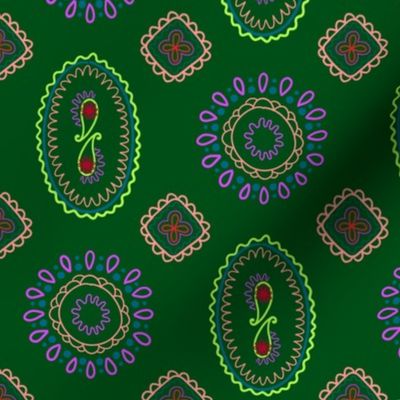 Neon Mandala on dark green, folk art style pattern