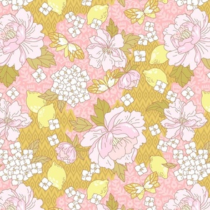 Peonies, hydrangea and lemons in Japanese style. Pink-yellow. Small