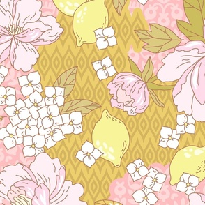 Peonies, hydrangea and lemons in Japanese style. Pink-yellow. Large