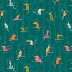 Tiki Birds - colorful parrots on perches in a retro midcentury modern style - teal - shw1030 b - small scale