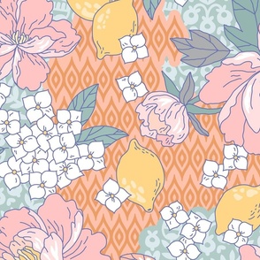 Peonies, hydrangea and lemons in Japanese style. Salmon pink. Large