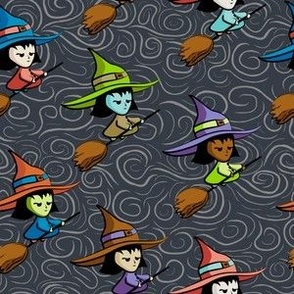 Witches in flight. Dark gray background. Small scale