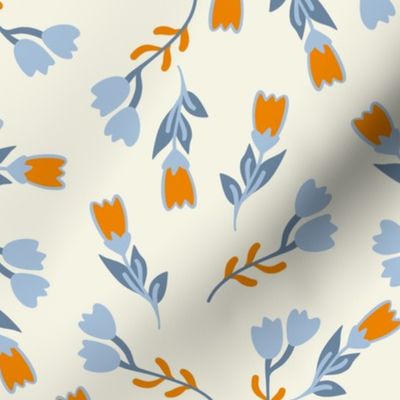 Soft sweet blue and orange flowers on off white