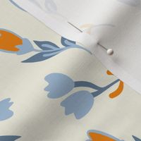 Soft sweet blue and orange flowers on off white