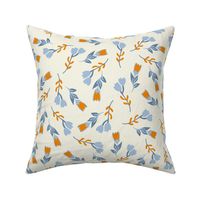 Soft sweet blue and orange flowers on off white