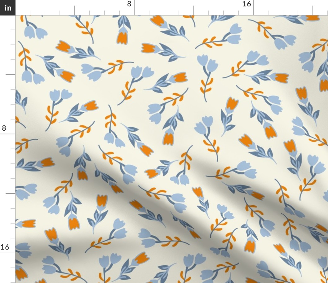 Soft sweet blue and orange flowers on off white