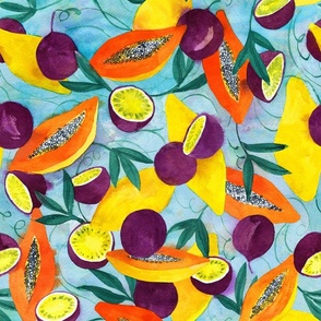 Passionfruit and Papaya Watercolor, tropical fruits