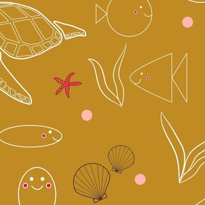 Long, round and square fishes surrounded by seashells, seastars, octopus, seaturtle and seaplants in a happy gold underwater world - Fish and Friends Collection (large)
