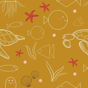 Long, round and square fishes surrounded by seashells, seastars, octopus, seaturtle and seaplants in a happy gold underwater world - Fish and Friends Collection (medium)