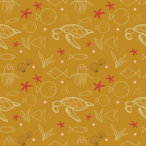 Long, round and square fishes surrounded by seashells, seastars, octopus, seaturtle and seaplants in a happy gold underwater world - Fish and Friends Collection (small)