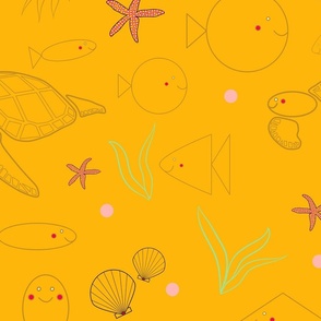 Long, round and square fishes surrounded by seashells, seastars, octopus, seaturtle and seaplants in a happy yellow underwater world - Fish and Friends Collection (large)