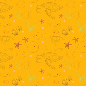 Long, round and square fishes surrounded by seashells, seastars, octopus, seaturtle and seaplants in a happy yellow underwater world - Fish and Friends Collection (medium)