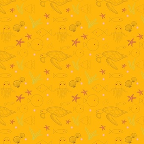 Long, round and square fishes surrounded by seashells, seastars, octopus, seaturtle and seaplants in a happy yellow underwater world - Fish and Friends Collection (small)