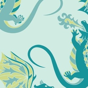 'Where Dragons Dwell' Teal and Green on Light Teal Large Wallpaper Scale