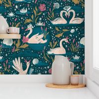 Swans at Moonlight - Teal and Gold