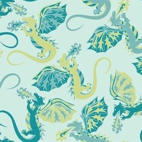 'Where Dragons Dwell' Teal and Green on Light Teal Small Scale Fabric