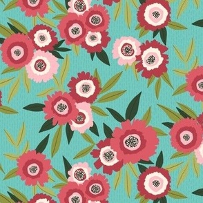 Blossom Whimsy: Shaggy Abstract Flower Delight on a Turquioise Background