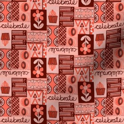 Let’s Party half drop block design multicoloured with linen effect, celebrate typography, bunting, cupcake, candles 6” repeat earthy hues with coral pink