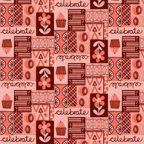 Let’s Party half drop block design multicoloured with linen effect, celebrate typography, bunting, cupcake, candles 6” repeat earthy hues with coral pink