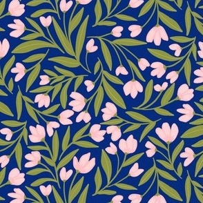 Enchanted Vines: A Tapestry of Tangled Florals on Dark Blue Background