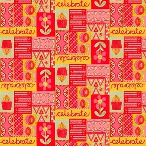 Let’s Party half drop block design multicoloured with linen effect, celebrate typography, bunting, cupcake, candles 6” repeat bright scarlet red, yellow and pink